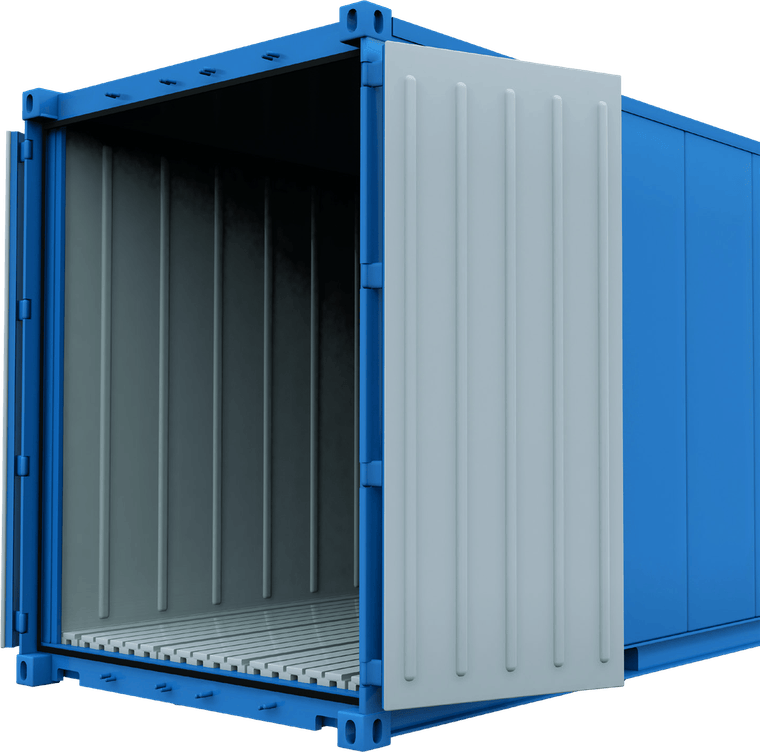 Blue shipping container with doors open